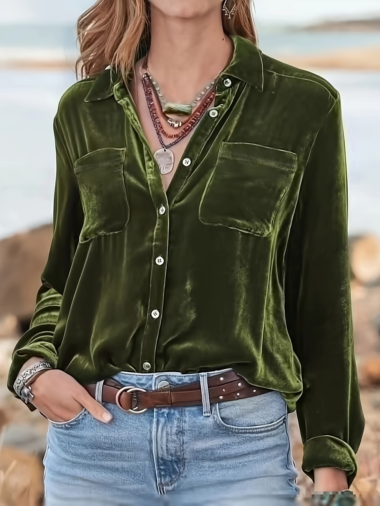 solid patched pockets velvet shirt vintage long sleeve shirt for womens clothing details 0