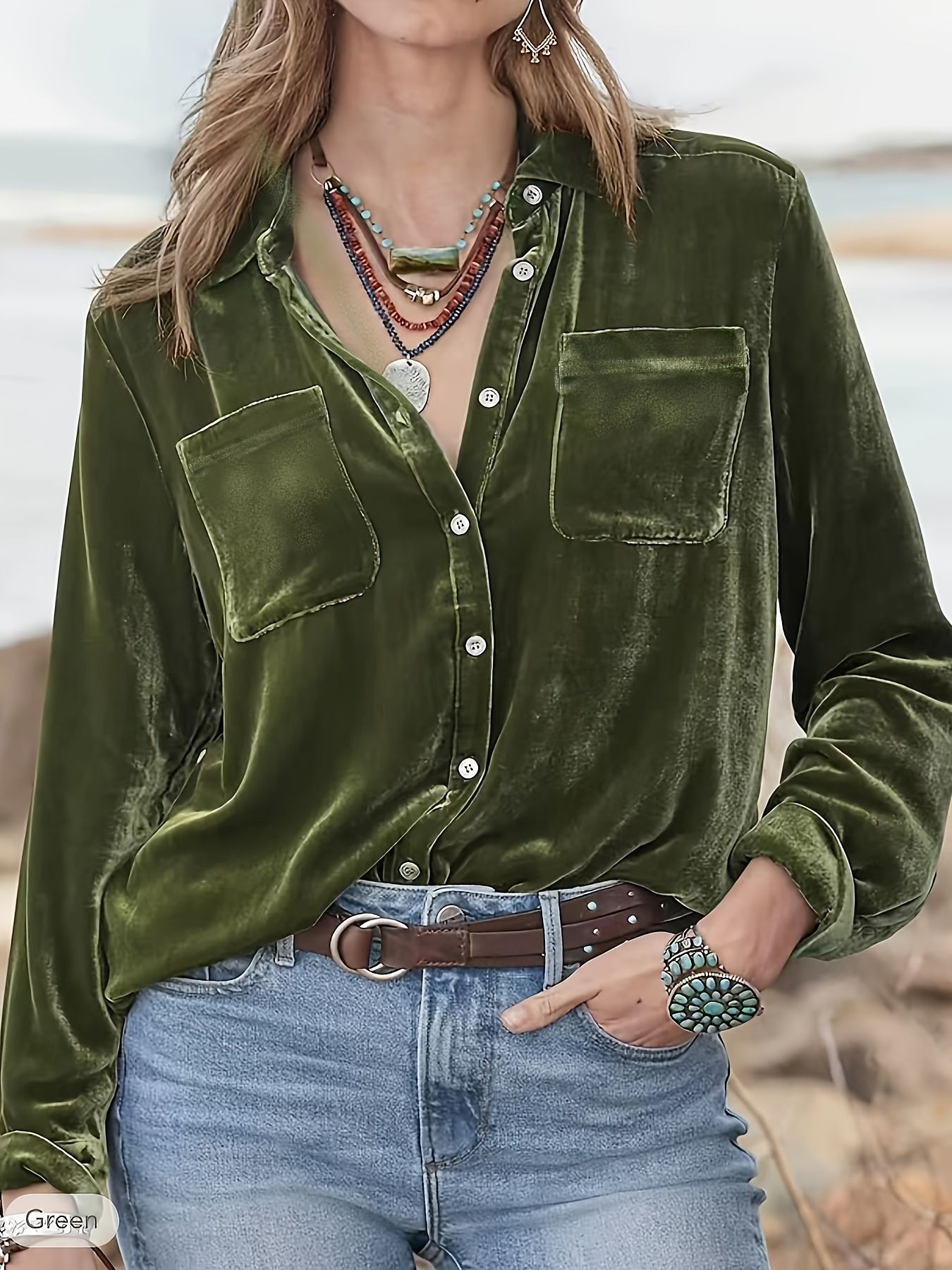 solid patched pockets velvet shirt vintage long sleeve shirt for womens clothing details 1