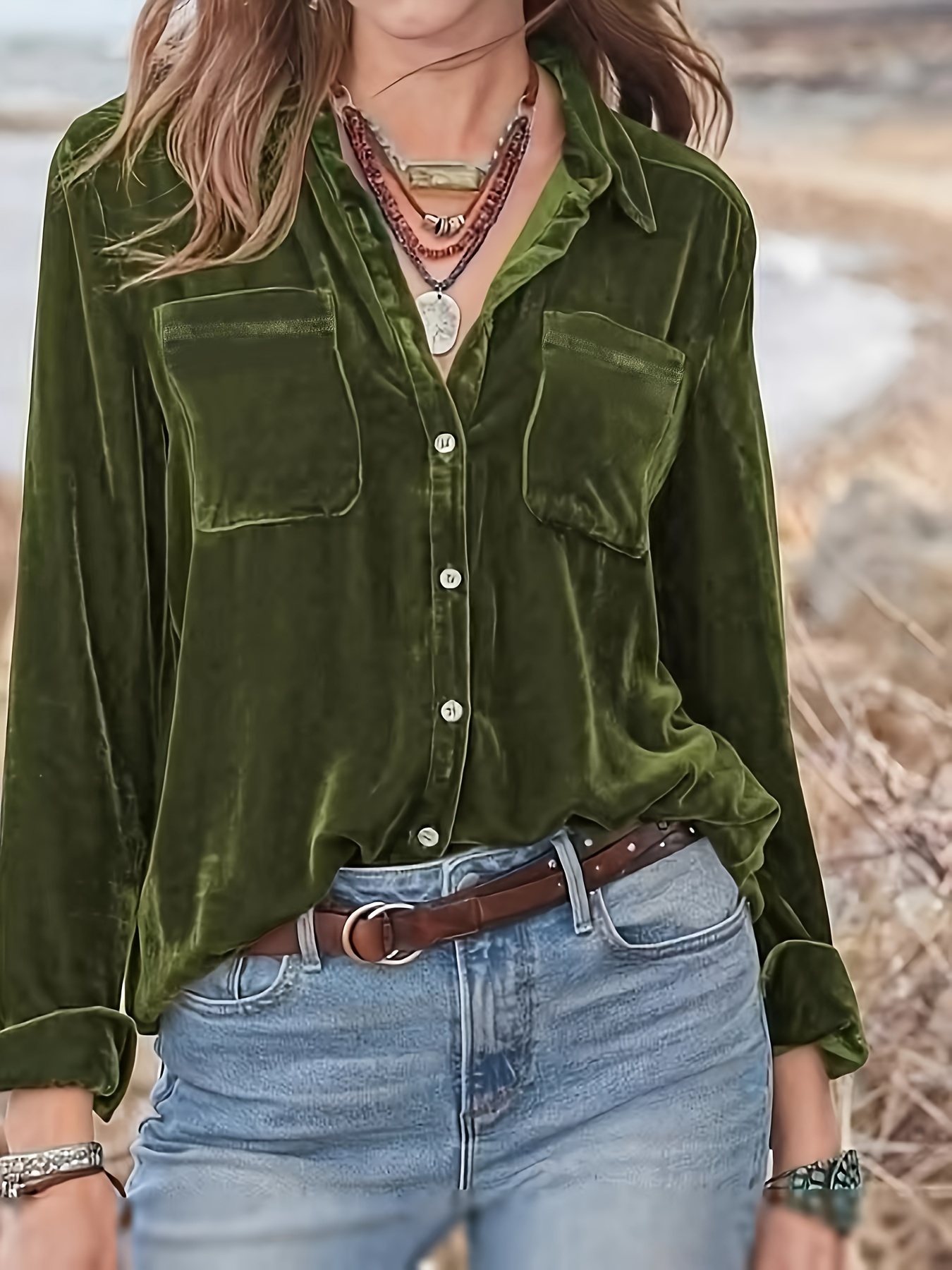 solid patched pockets velvet shirt vintage long sleeve shirt for womens clothing details 2