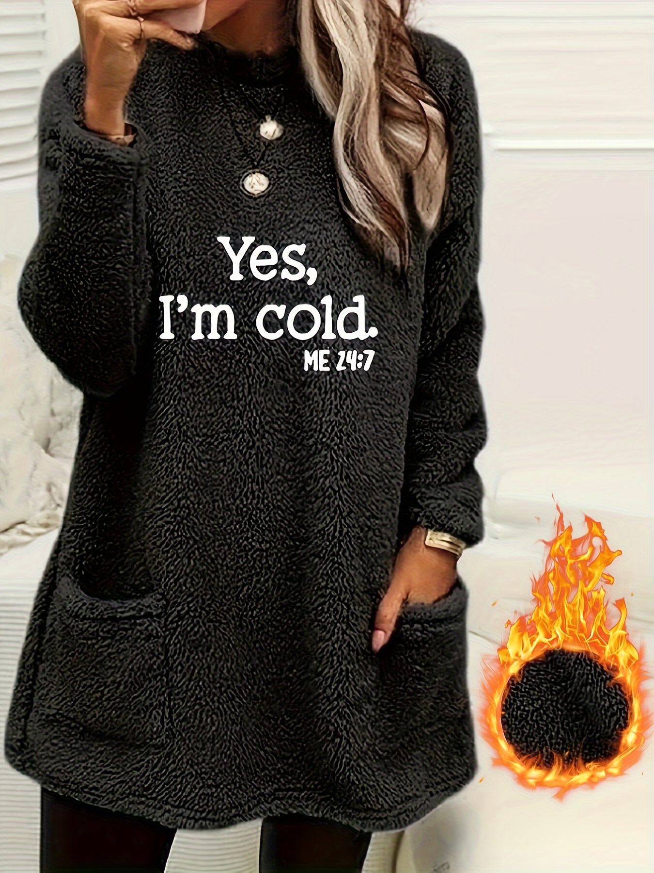 yes im cold print fleece pullover sweatshirt casual long sleeve crew neck sweatshirt with pockets for womens clothing details 0