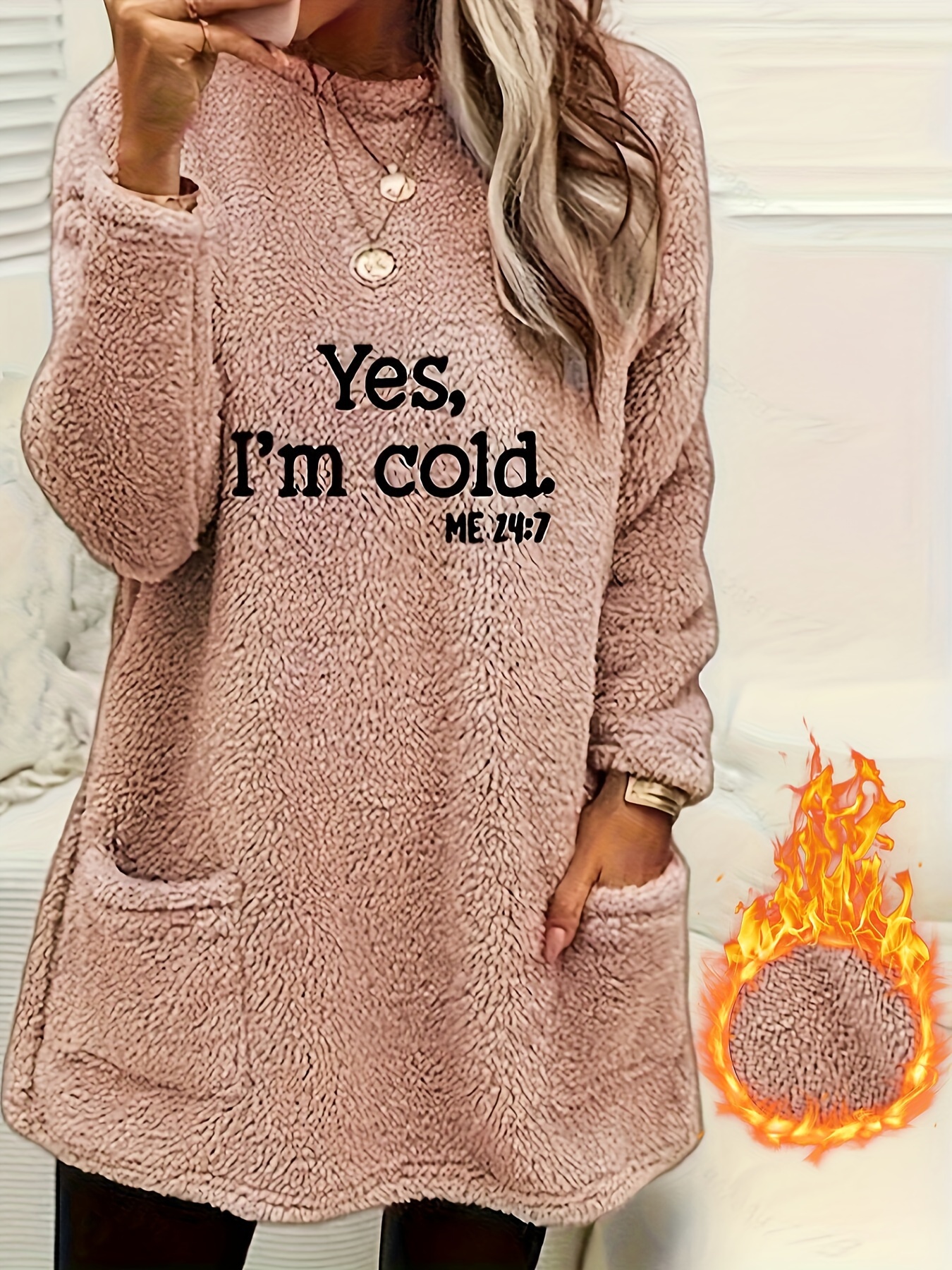yes im cold print fleece pullover sweatshirt casual long sleeve crew neck sweatshirt with pockets for womens clothing details 1