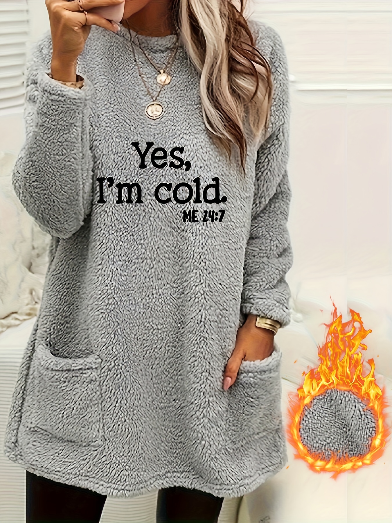 yes im cold print fleece pullover sweatshirt casual long sleeve crew neck sweatshirt with pockets for womens clothing details 4