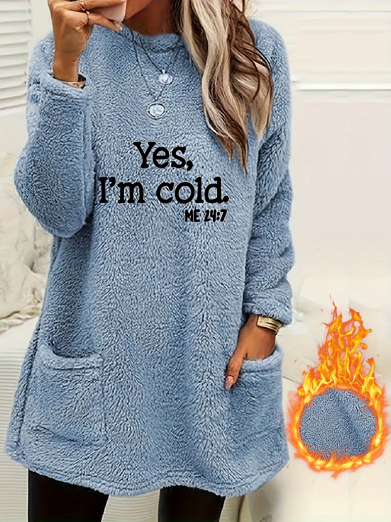 yes im cold print fleece pullover sweatshirt casual long sleeve crew neck sweatshirt with pockets for womens clothing details 5