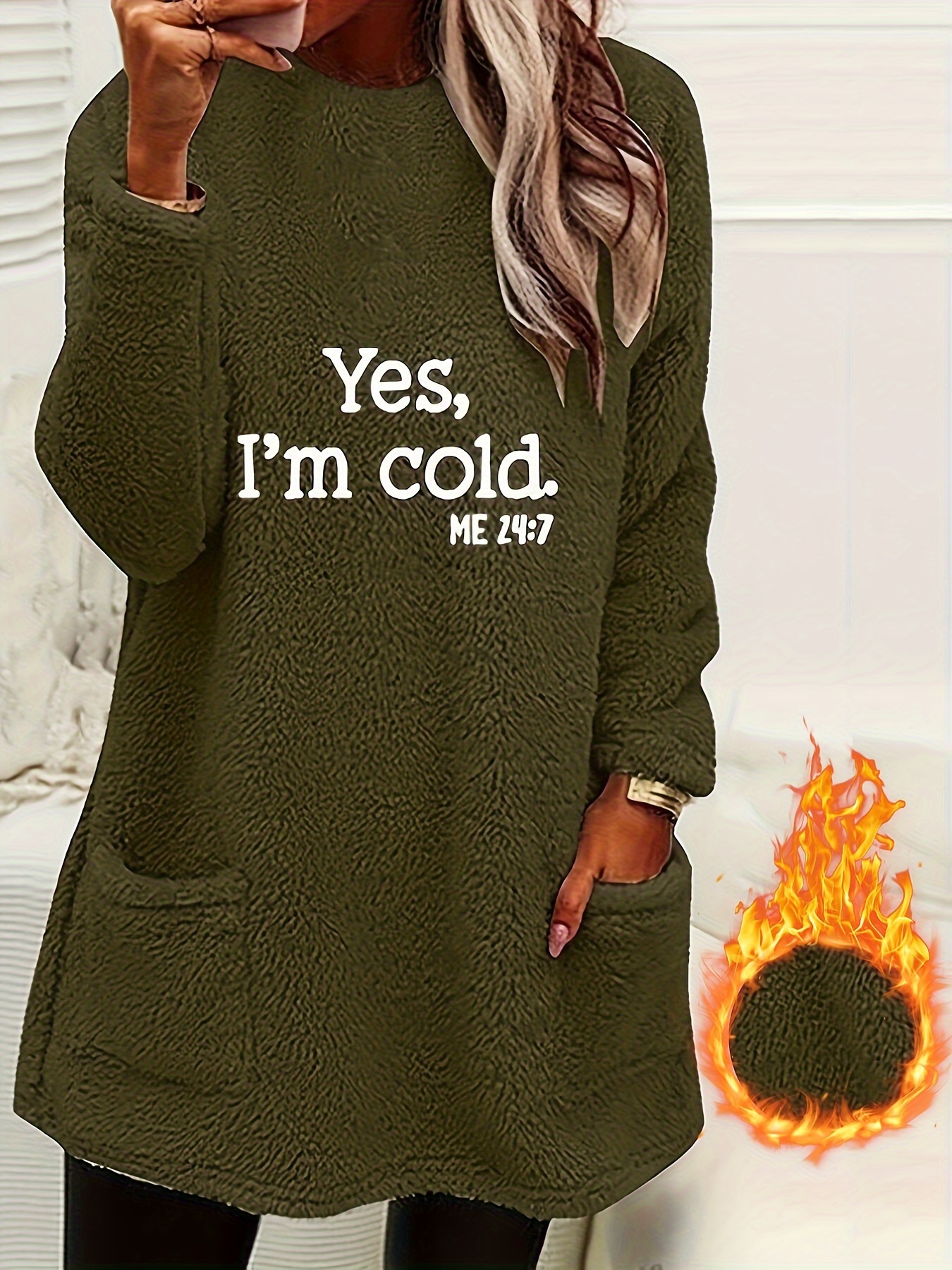 yes im cold print fleece pullover sweatshirt casual long sleeve crew neck sweatshirt with pockets for womens clothing details 6