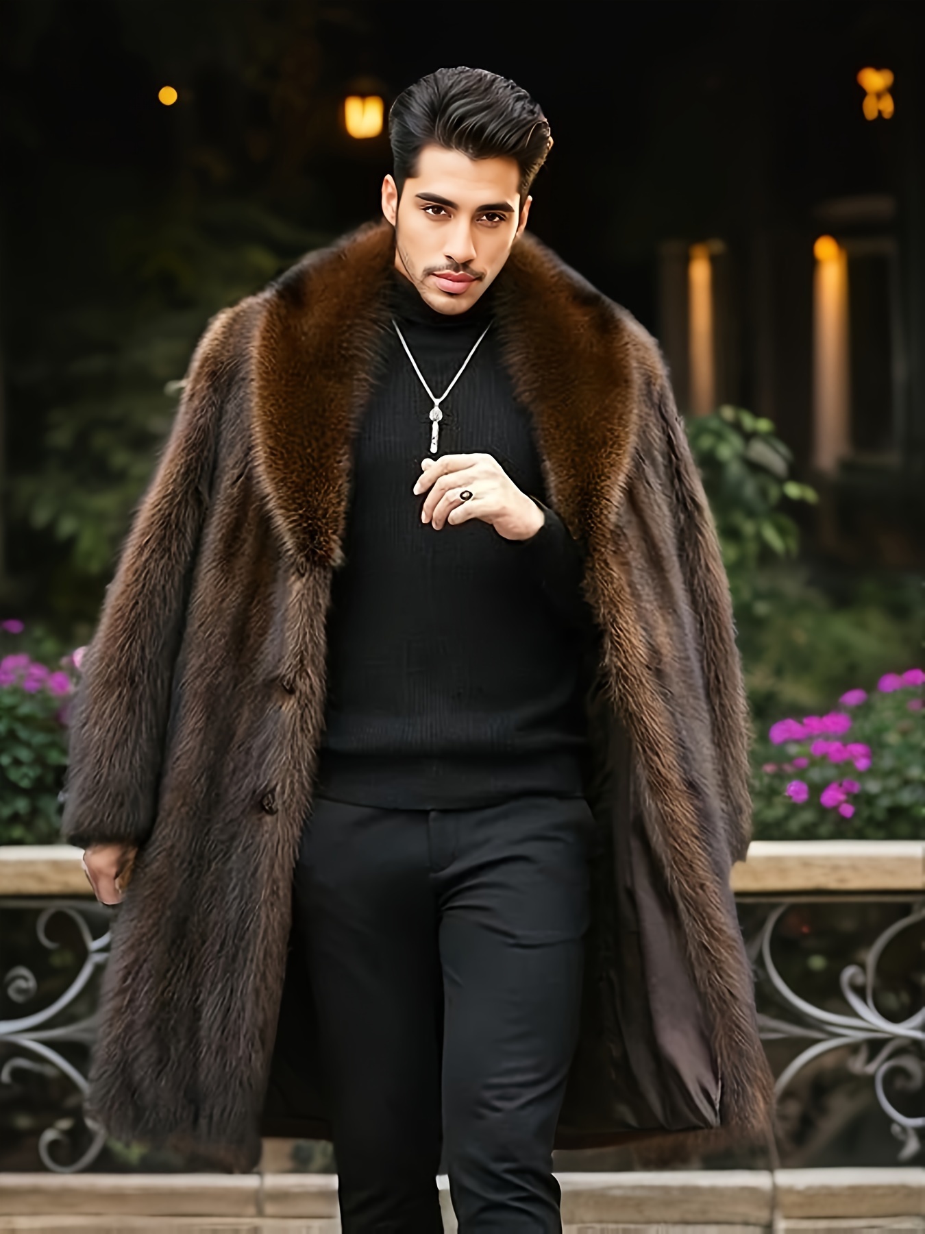 fashionable design mens faux fur single breasted overcoat trendy and elegant warm long jacket for autumn and winter outdoors leisurewear details 0