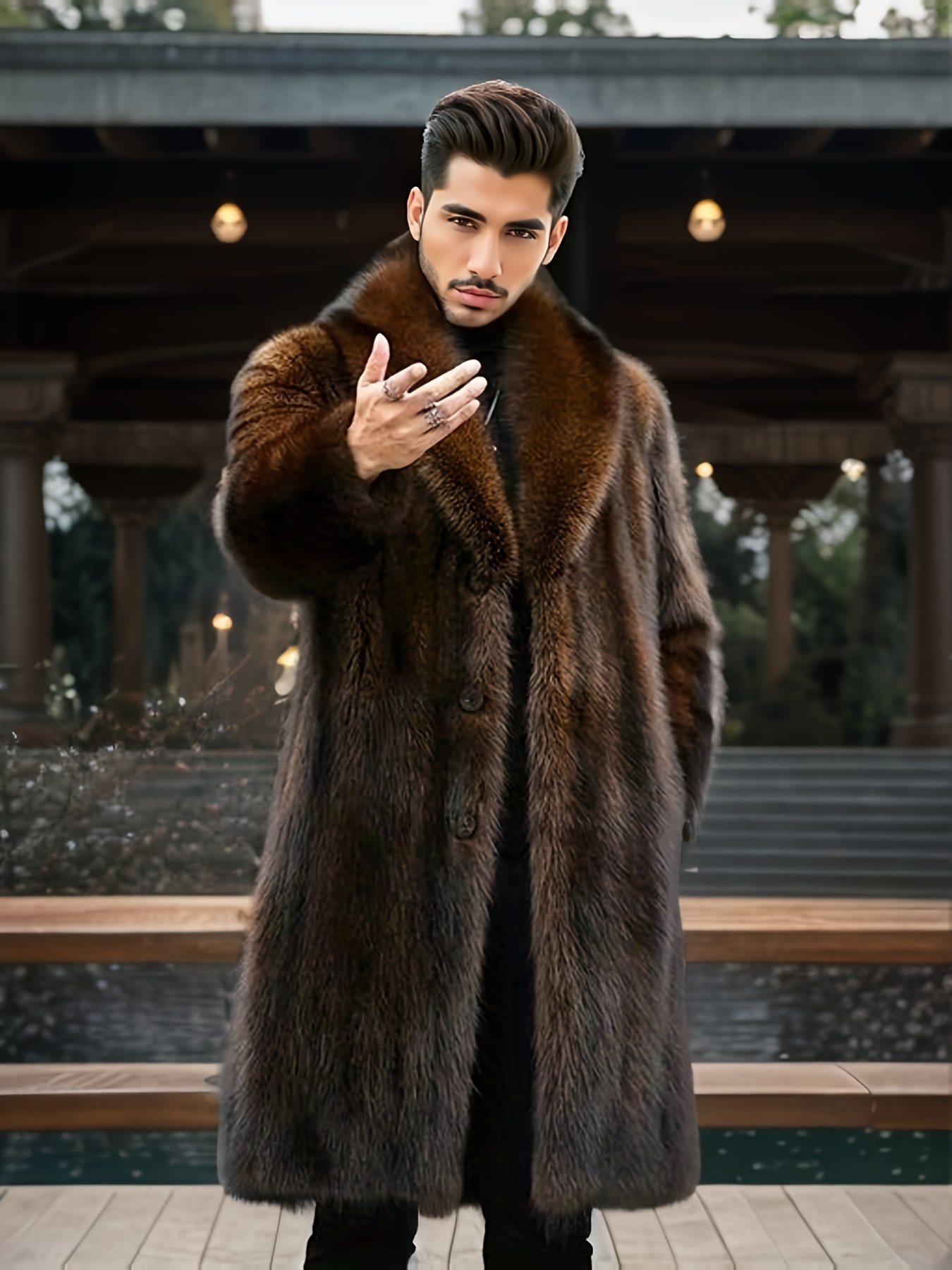 fashionable design mens faux fur single breasted overcoat trendy and elegant warm long jacket for autumn and winter outdoors leisurewear details 1